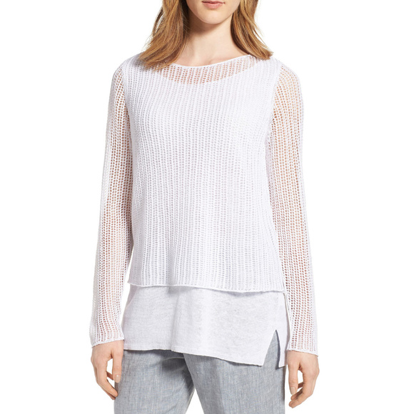 Linen Knit Mesh Overlay Tiered Layered Sweater M